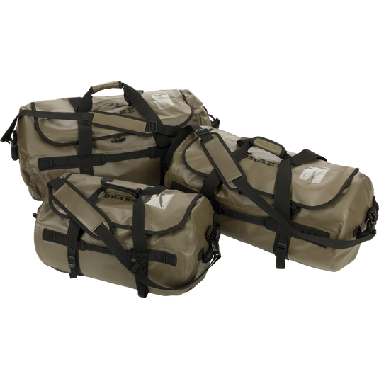 Three different sizes of Waterproof Duffel Bag with Molle loops, T-handle zipper, and ID tag holder for secure storage and convenience.