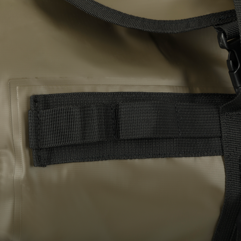 Closeup of Waterproof Duffel Bag with durable materials, Fowl-Proof™ zippers, and nylon webbing. 