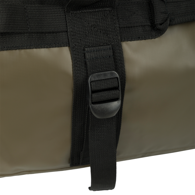 Waterproof Duffel Bag with durable materials, webbing strap, and metal zipper pull for secure storage and easy travel.