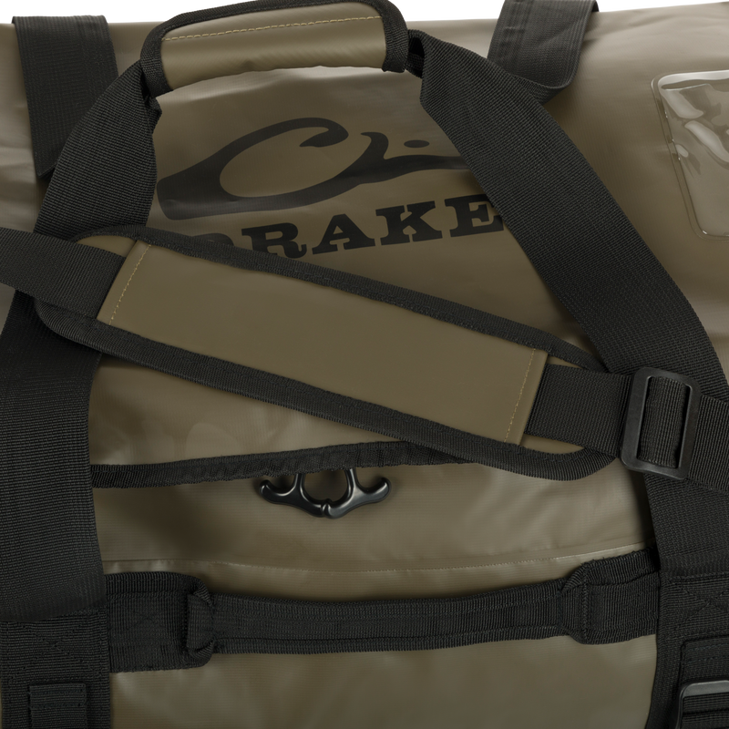 Closeup of strap and logo of Waterproof Duffel Bag.