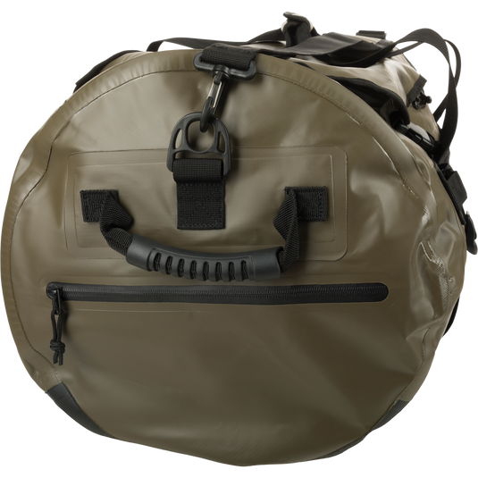 End of Waterproof Duffel Bag showcasing handle and zippered pocket.