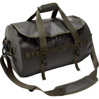 Waterproof Duffel Bag with MOLLE-style webbing, padded straps, and dual zippers, ideal for rugged, weatherproof gear transport.