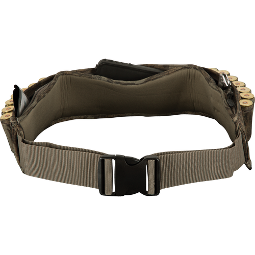 Neoprene Shell Belt with bullet loops and accessory storage. Adjustable belt with quick-clip buckle for hunting gear.