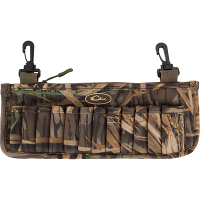 Neoprene Shell Clip with camo pattern, featuring elastic shell-holder loops for 24 shells, two black swivel-clip straps for attachment, and a secure top zipper.