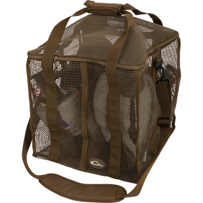 Floater Series Decoy Bag: a brown mesh bag with a strap, featuring a zippered top and multiple slots for decoys.