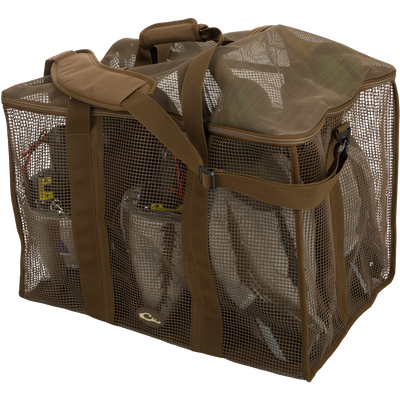 Floater Series Decoy Bag displaying rot-proof, vinyl-coated mesh with zippered lid and polypropylene webbing shoulder straps for easy carrying. Ideal for hunting decoy storage.