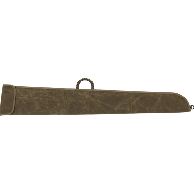 Wax Cotton Gun Sleeve, an olive-green waxed-canvas rifle case with a braided rope handle and external pouch, designed for shotguns up to 50 inches.