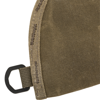 Close-up of the Wax Cotton Gun Sleeve's rugged, olive-drab canvas with heavy stitching and nylon strap, showcasing its durable design for hunting shotguns.