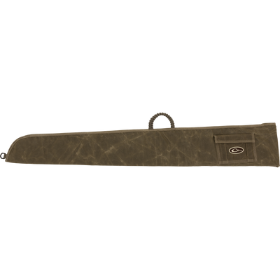 Wax Cotton Gun Sleeve with paracord handle and exterior pocket, designed for shotguns up to 50 inches, featuring wax canvas for durability and weather resistance.