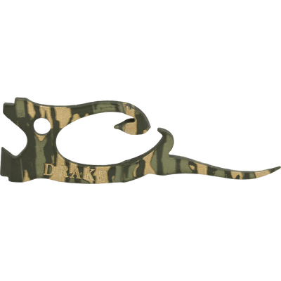 A Drake Head Finisher waterfowl dispatch tool in a Mossy Oak Original Bottomland camouflage pattern with the word DRAKE embossed on its side.