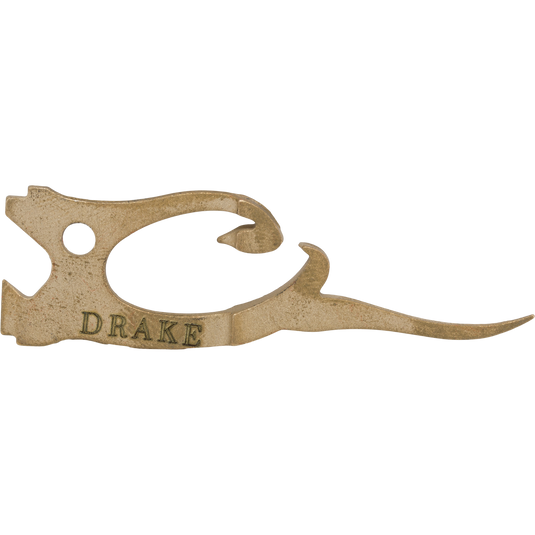 Brass-colored Drake Head Finisher choke wrench featuring a hook-shaped tip and the word DRAKE embossed on the side.