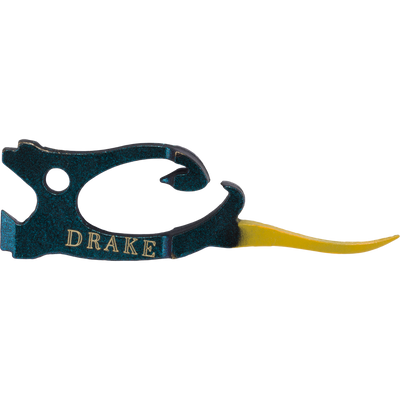 A dark green Drake Head Finisher metal tool shaped like a duck head with the word DRAKE inscribed on the side and a long, pointed yellow tip.