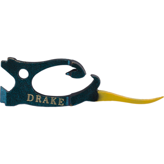 A dark green Drake Head Finisher metal tool shaped like a duck head with the word DRAKE inscribed on the side and a long, pointed yellow tip.