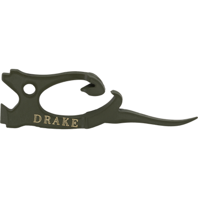 Olive-colored Drake Head Finisher tool in the shape of a waterfowl, with the word DRAKE imprinted on the side.