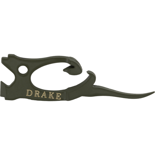 Olive-colored Drake Head Finisher tool in the shape of a waterfowl, with the word DRAKE imprinted on the side.