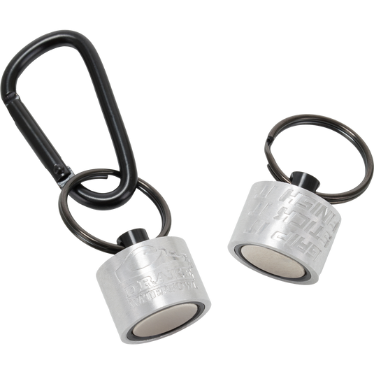Two cylindrical Drake Finisher Magnetic Retractors, one attached to a black carabiner and the other to a split ring.