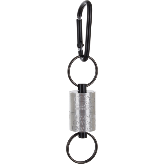 Drake Finisher Magnetic Retractor featuring a black carabiner, two split rings, and an engraved cylindrical metal body.