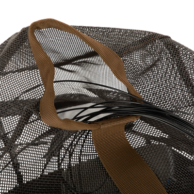 Texas Rig Mesh Decoy Bag: Durable mesh bag with brown handle for storing and transporting decoys. PVC coated main bag, polyester bottom, and webbing straps for secure organization. External loops for carabiners.