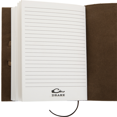 Drake Leather Wingshooters Hunting Log, featuring lined pages, suede cover, and leather cord, perfect for documenting hunting details with a durable, full-grain leather design.
