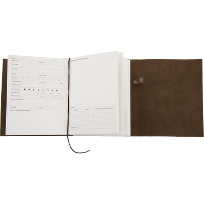 Drake Leather Wingshooters Hunting Log with pre-printed hunt summary page and blank comments page, encased in a durable leather cover with strap closure.