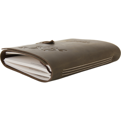 Drake Leather Wingshooters Hunting Log with bird-embossed leather cover, showcasing folded pages for detailed hunt documentation, including pen-holder loop and species reference guide.
