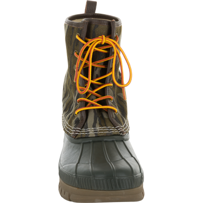 Throwback 80 Waxed Canvas Lace Up Duck Boot with green rubber sole, camouflage canvas upper, and bright laces, designed for durability and comfort in rugged outdoor conditions.