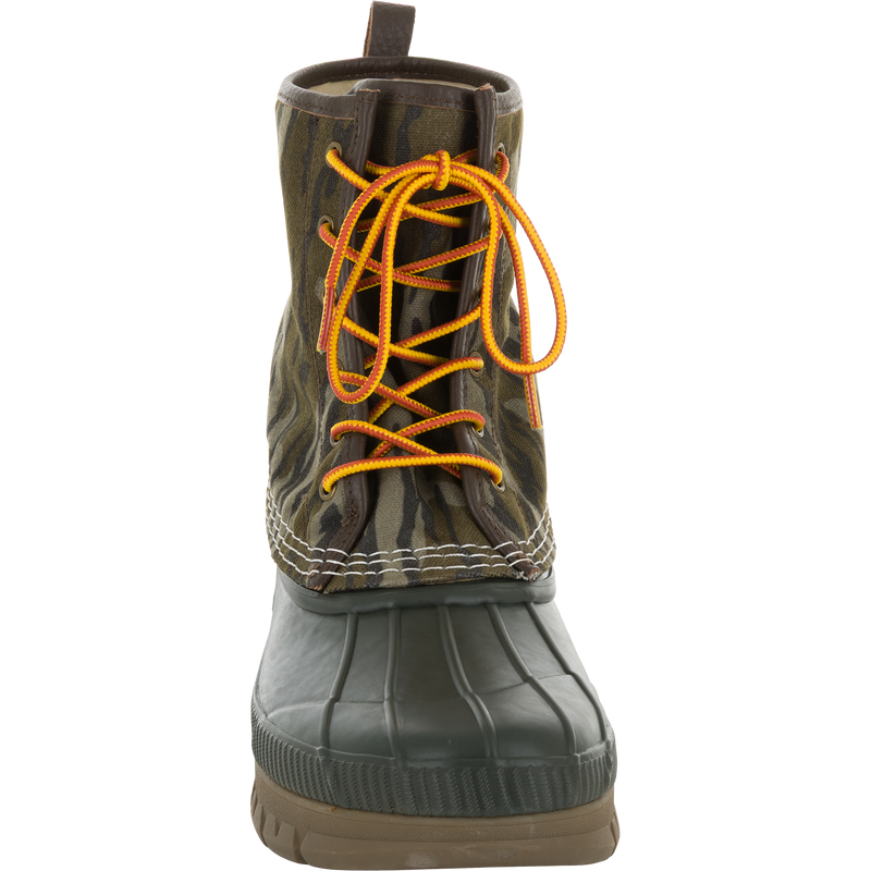 Throwback 80 Waxed Canvas Lace Up Duck Boot with green rubber sole, camouflage canvas upper, and bright laces, designed for durability and comfort in rugged outdoor conditions.