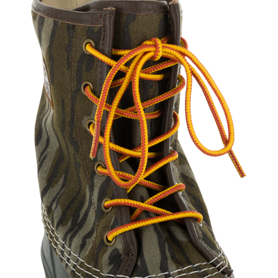 Throwback 80 Waxed Canvas Lace Up Duck Boot with camouflage pattern, brown leather trim, and yellow-orange laces, ideal for rugged outdoor use.