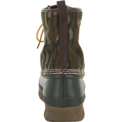 Throwback 80 Waxed Canvas Lace Up Duck Boot with camouflage canvas, leather pull tab, green rubber bottom, and treaded outsole, ideal for rugged outdoor use.