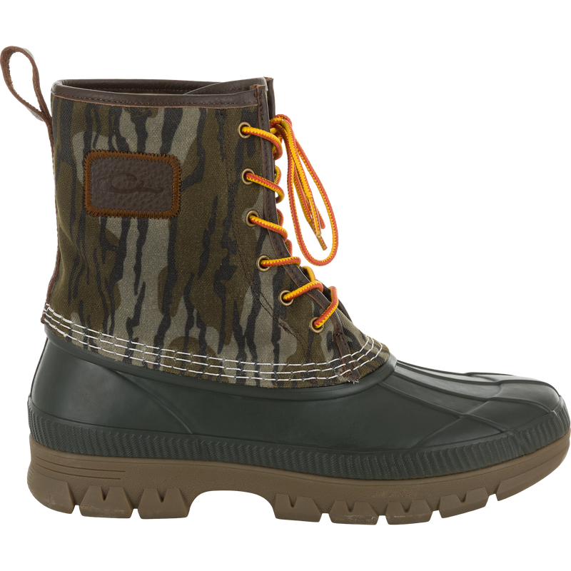 Throwback 80 Waxed Canvas Lace Up Duck Boot with waterproof rubber sole, camo-patterned waxed canvas upper, and bright laces, ideal for rugged outdoor activities.