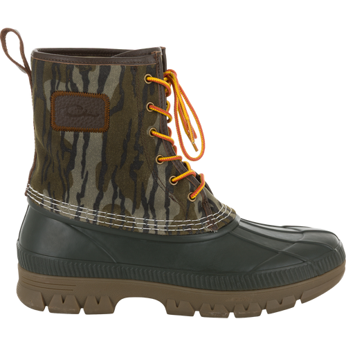 Throwback 80 Waxed Canvas Lace Up Duck Boot with waterproof rubber sole, camo-patterned waxed canvas upper, and bright laces, ideal for rugged outdoor activities.