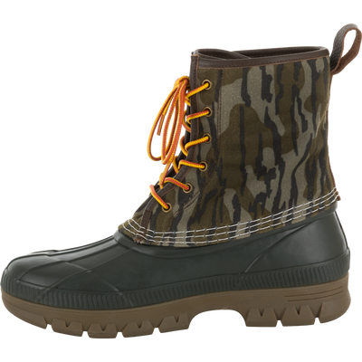 Throwback 80 Waxed Canvas Lace Up Duck Boot with camo-patterned canvas upper, orange laces, and waterproof rubber bottom, ideal for rugged outdoor use.