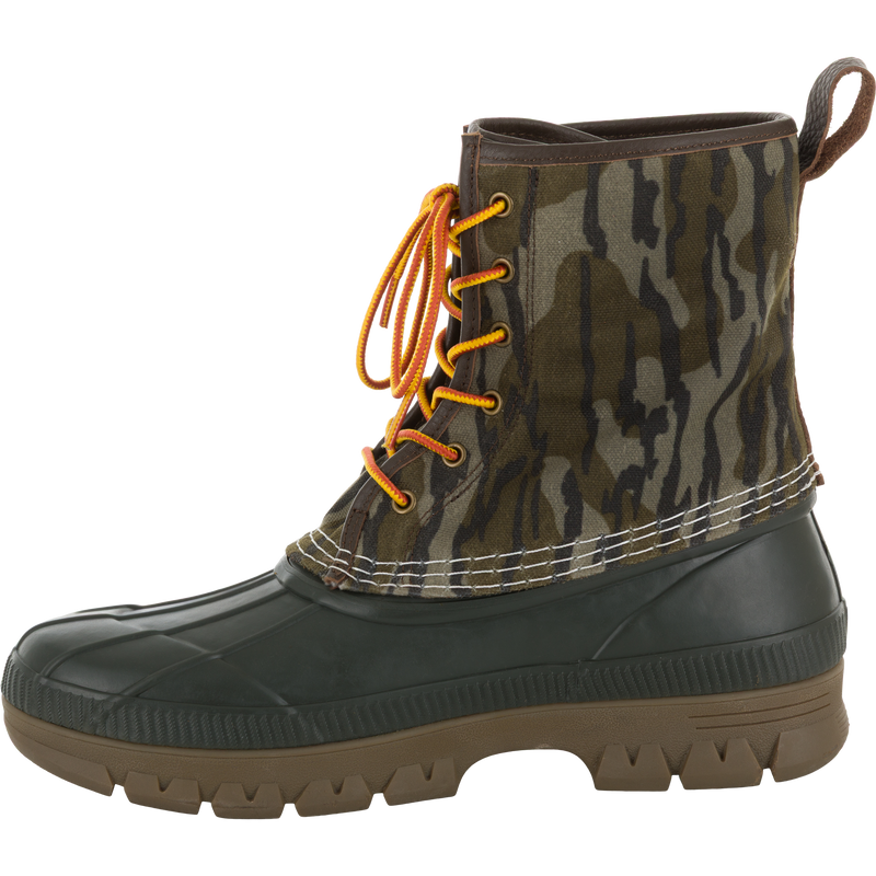 Throwback 80 Waxed Canvas Lace Up Duck Boot with camo-patterned canvas upper, orange laces, and waterproof rubber bottom, ideal for rugged outdoor use.