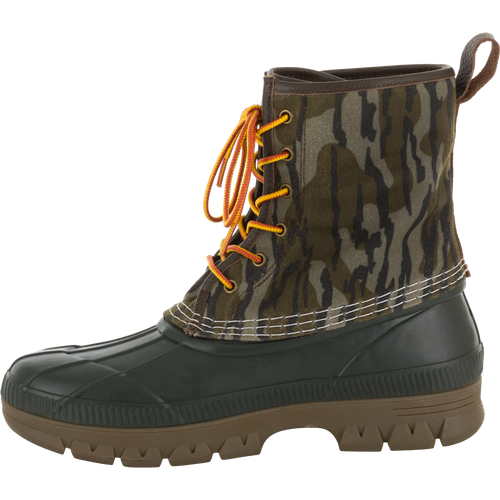 Throwback 80 Waxed Canvas Lace Up Duck Boot with camo-patterned canvas upper, orange laces, and waterproof rubber bottom, ideal for rugged outdoor use.