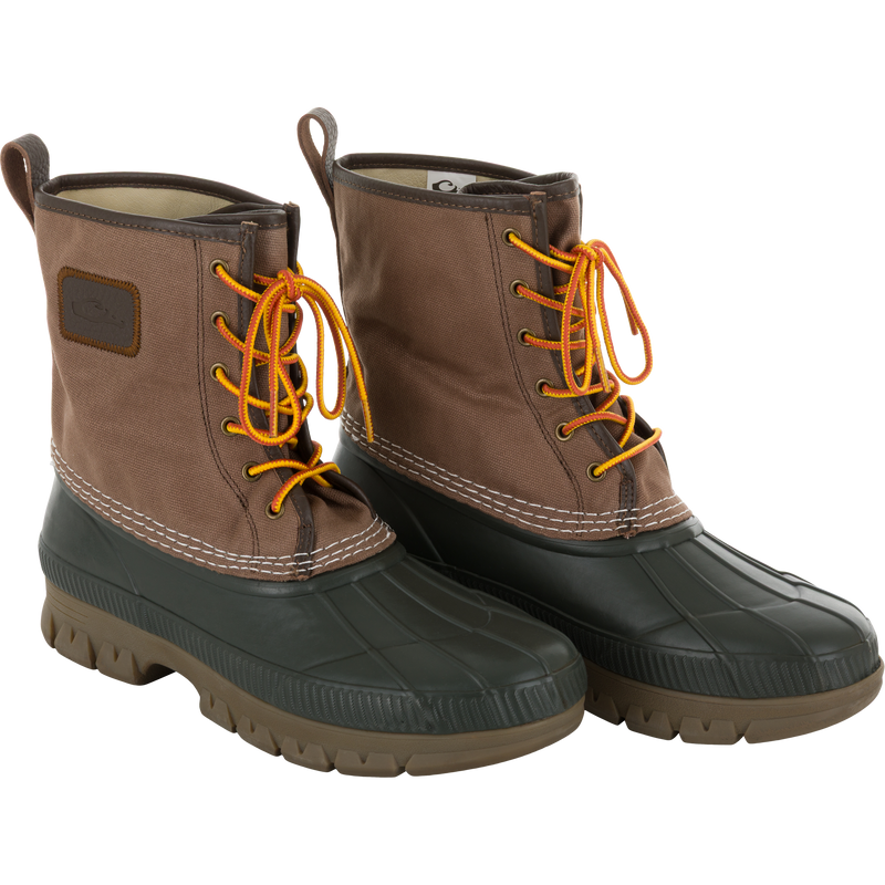 Throwback 80 Waxed Canvas Lace Up Duck Boot with durable waxed cotton canvas, waterproof rubber bottom, and brass eyelets, designed for rugged outdoor use.