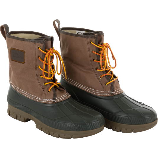 Throwback 80 Waxed Canvas Lace Up Duck Boot with durable waxed cotton canvas, waterproof rubber bottom, and brass eyelets, designed for rugged outdoor use.
