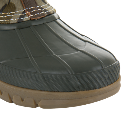 RTL - Throwback 80 Waxed Canvas Slip On Duck Boot showing waterproof molded rubber shell, textured welt, and rugged lugged outsole for reliable traction in wet conditions.
