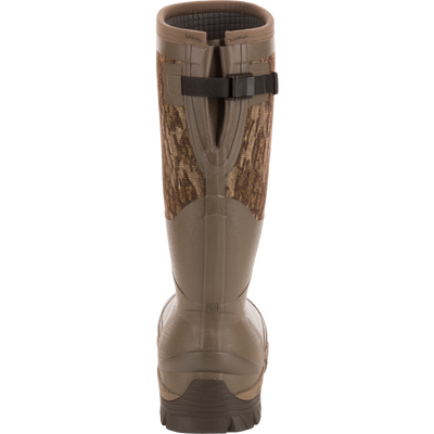 BMF1600 17 Rubber Boot with Primaloft Insulation, featuring olive-brown rubber, camouflage fabric, and adjustable strap, perfect for wet terrain and hunting comfort.