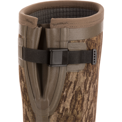 Close-up of BMF1600 17 Rubber Boot with Primaloft Insulation, featuring neoprene lining, adjustable strap, and nylon buckle. Designed for durability and comfort in hunting conditions.
