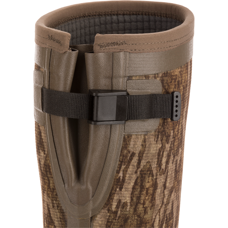 Close-up of BMF1600 17 Rubber Boot with Primaloft Insulation, featuring neoprene lining, adjustable strap, and nylon buckle. Designed for durability and comfort in hunting conditions.