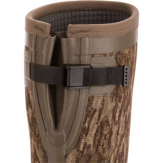 Close-up of BMF1600 17 Rubber Boot with Primaloft Insulation, featuring neoprene lining, adjustable strap, and nylon buckle. Designed for durability and comfort in hunting conditions.