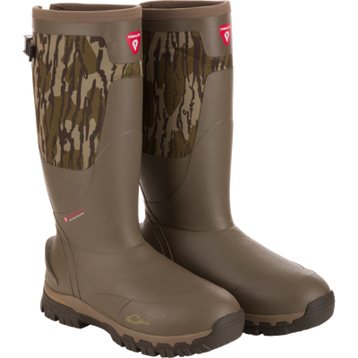 BMF1600 17 Rubber Boot with Primaloft Insulation, featuring camouflage upper, rugged soles, gusseted back, and moisture-wicking liner, ideal for hunting and wet-weather conditions.