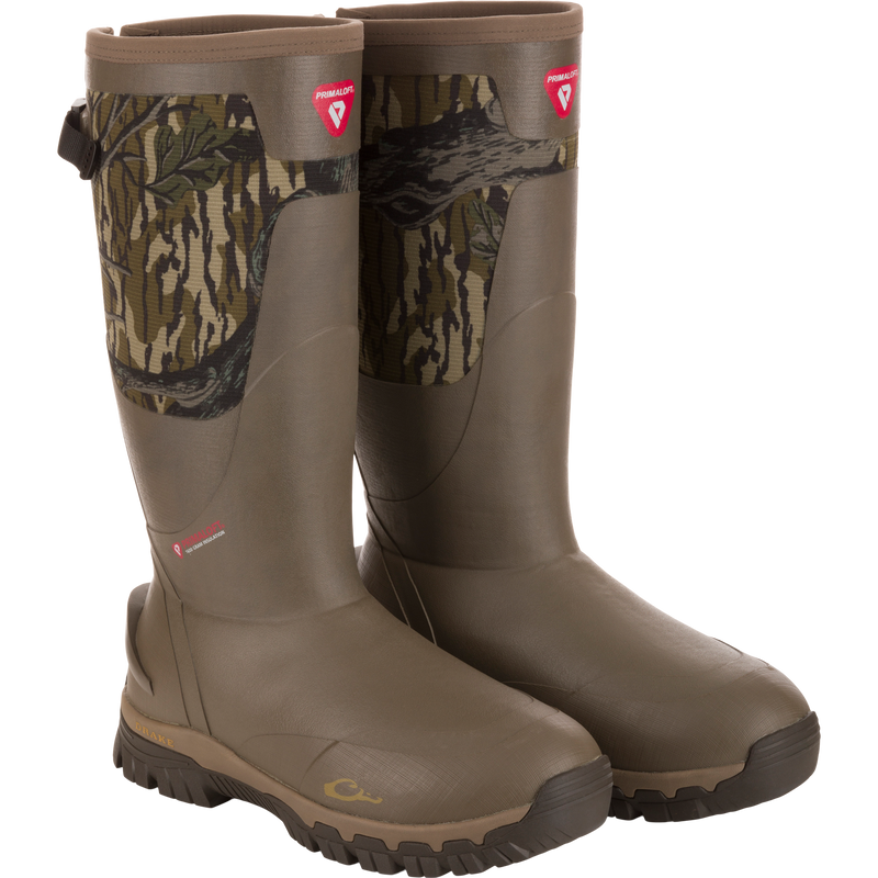 BMF1600 17 Rubber Boot with Primaloft Insulation, featuring camouflage cuff, lugged sole, and PrimaLoft branding, designed for durable, insulated hunting use.