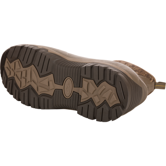 Underside view of BMF1600 17 Rubber Boot showcasing aggressive tread pattern, emphasizing durability and traction for hunting.