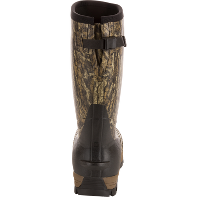 Rear view of EST Uninsulated 16 Hybrid Mudder Boot 3.0, featuring camo pattern, adjustable calf strap, and gusseted back for fit, emphasizing durability and comfort.