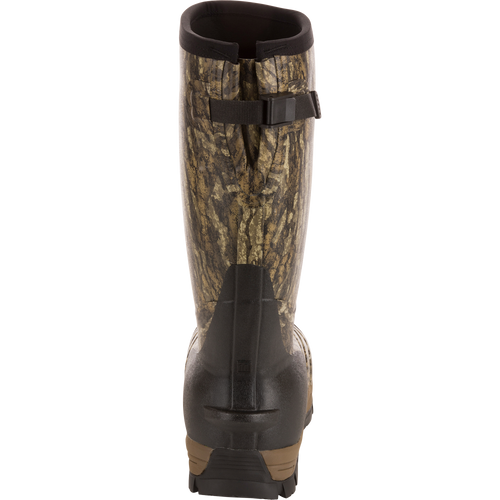 Rear view of EST Uninsulated 16 Hybrid Mudder Boot 3.0, featuring camo pattern, adjustable calf strap, and gusseted back for fit, emphasizing durability and comfort.