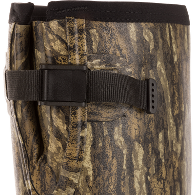 EST Uninsulated 16 Hybrid Mudder Boot 3.0 close-up, showing camo-patterned neoprene leg, adjustable black strap with buckle, highlighting durability and comfort features for hunting.