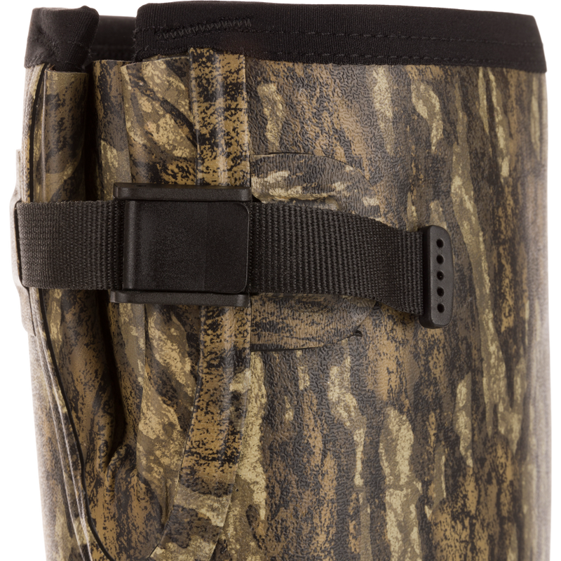 EST Uninsulated 16 Hybrid Mudder Boot 3.0 close-up, showing camo-patterned neoprene leg, adjustable black strap with buckle, highlighting durability and comfort features for hunting.