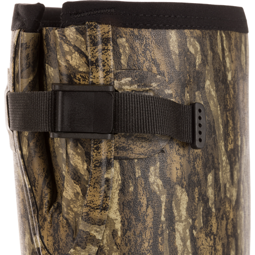 EST Uninsulated 16 Hybrid Mudder Boot 3.0 close-up, showing camo-patterned neoprene leg, adjustable black strap with buckle, highlighting durability and comfort features for hunting.