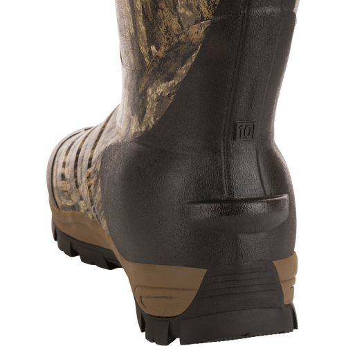 EST Uninsulated 16 Hybrid Mudder Boot 3.0, camo-patterned with a rugged sole and gusseted back, designed for hunting in muddy conditions.